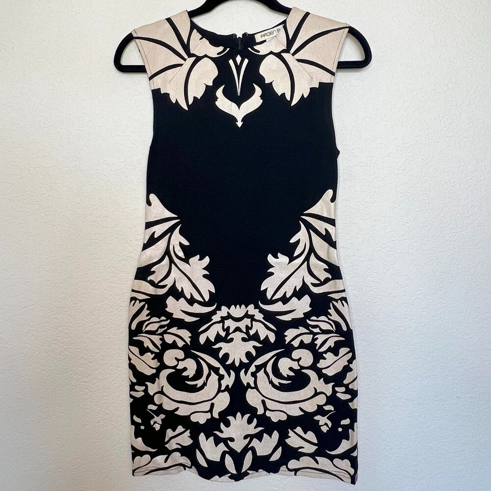 Arden B Baroque Bodycon Dress Black Tan Ornate Print Mini Medium